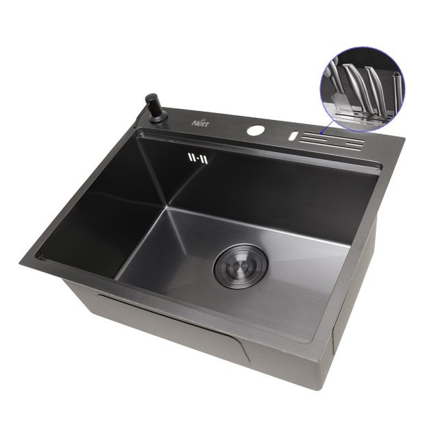 Мийка для кухні чорна з нержавійки з PVD покриттям багатофункціональна Nett NB-5747  zdjęcie 